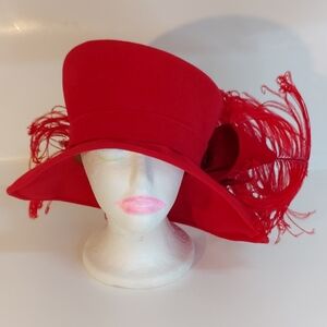 Elegant Red Wide-Brim Felt Hat with Feather Accent